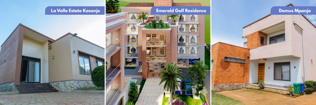 Collage showing three Quesi Properties developments: modern single-story bungalow at La Valle Estate Kasanje, multi-story luxury apartments at Emerald Golf Residence, and two-story brick home at Domus Mpanja.